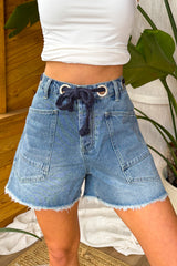 Fraser Braided Drawstring Denim Shorts (Medium Wash)