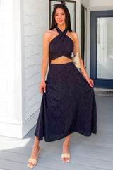 Only For You Eyelet Embroidered Halter Top & Midi Skirt Set (Black)