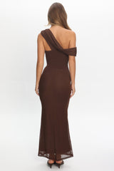 Milos Asymmetric Neckline Maxi Dress Chocolate