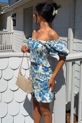 Morning Dew Floral Print Ruffle Hem Mini Skirt (Blue)
