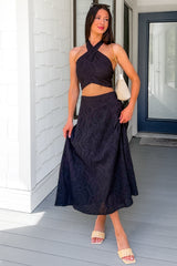Only For You Eyelet Embroidered Halter Top & Midi Skirt Set (Black)
