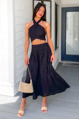 Only For You Eyelet Embroidered Halter Top & Midi Skirt Set (Black)