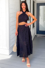 Only For You Eyelet Embroidered Halter Top & Midi Skirt Set (Black)