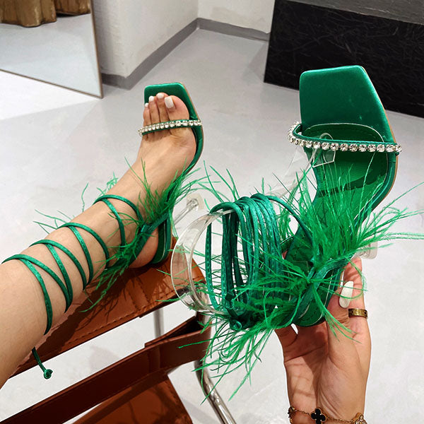 Fluffy Feather Rhinestone Lace Up Clear Heels